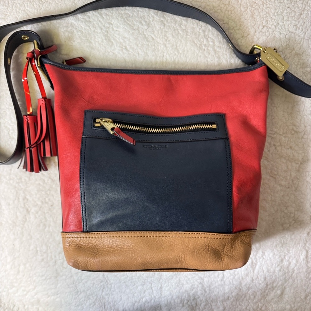 Coach Legacy Colorblock Leather Crossbody Bag‎ Red Navy Camel Tassel